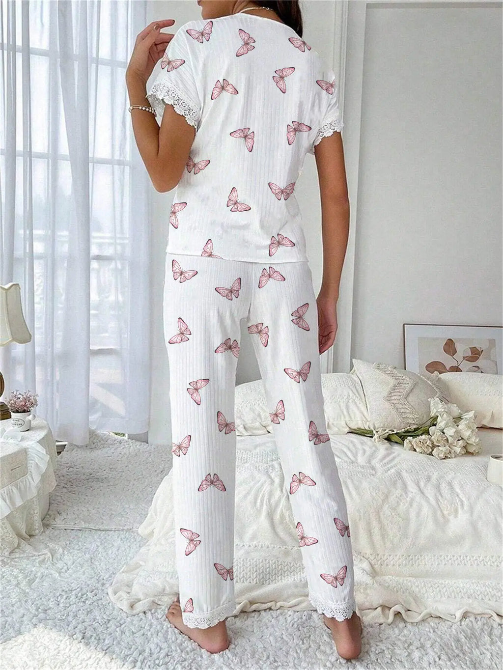 Early Spring Comfortable Pajamas Set with Floral Printed for Women Sleepwear Short Sleeve Top and Long Pants Homewear Loungewear