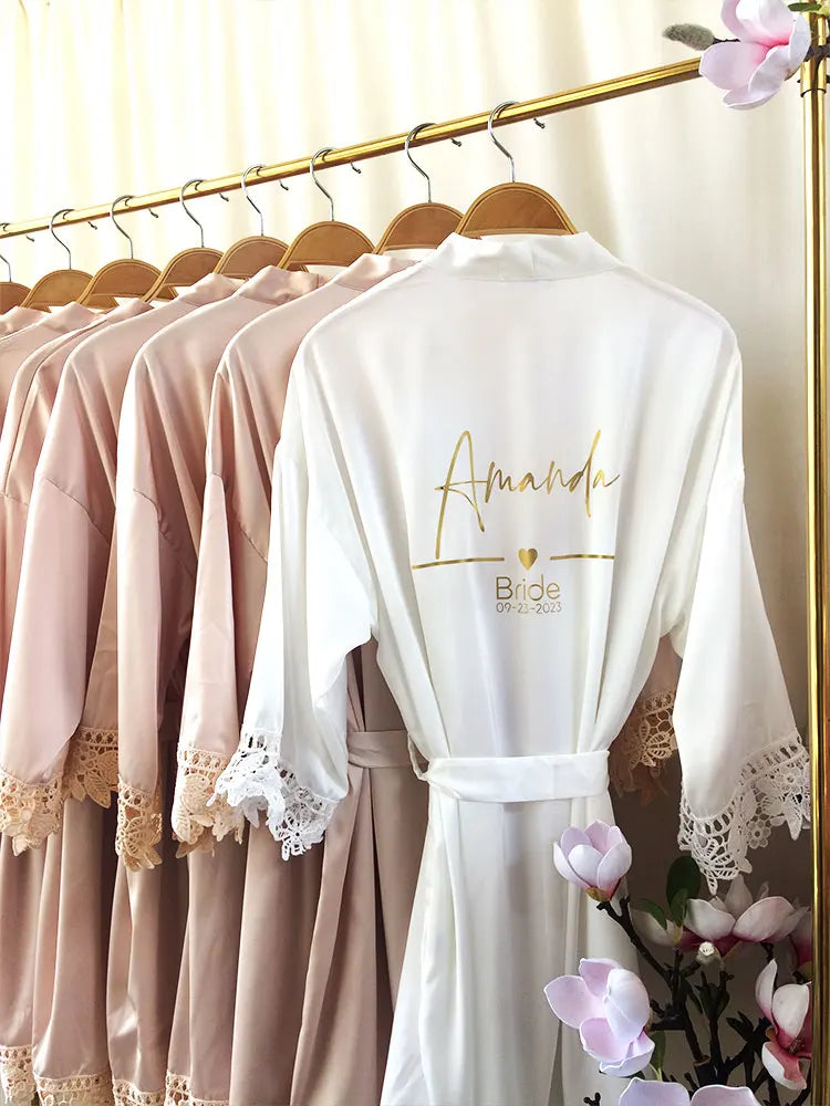 Personalized Name Dressing Gown Bride Kimono Silk bridesmaid Gowns Custom Wedding Nightgown Bachelorette Party Floral Trim Robes