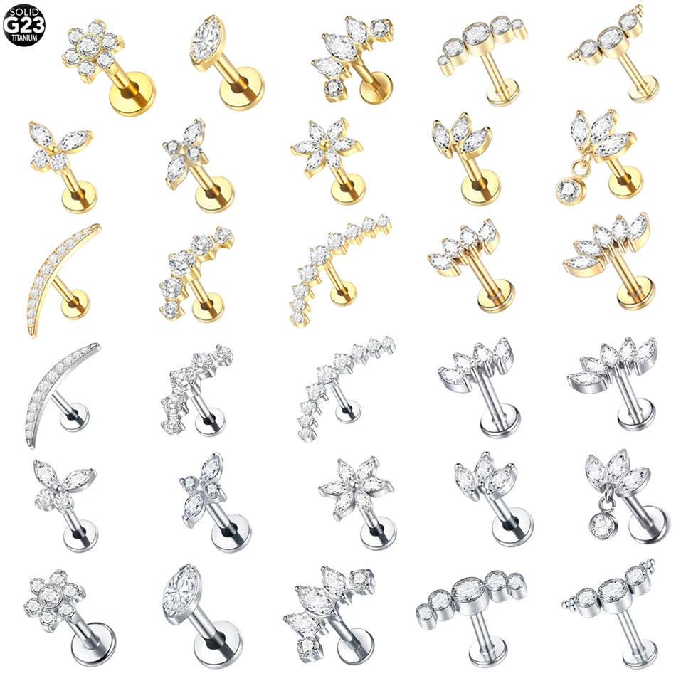 1Pc Titanium Ear Cartilage Stud Earrings for Women Internal Thread Zircon Flower Ear Lobe Tragus Helix Lip Rings Jewelry 16G