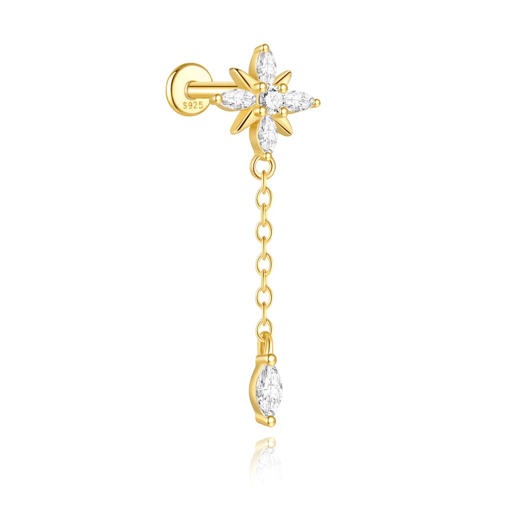 CANNER 1PC 925 Sterling Silver Eight-pointed Star CZ Piercing Earring For Women Ins Tassel Chain Stud Earring Party Fine Jewelry