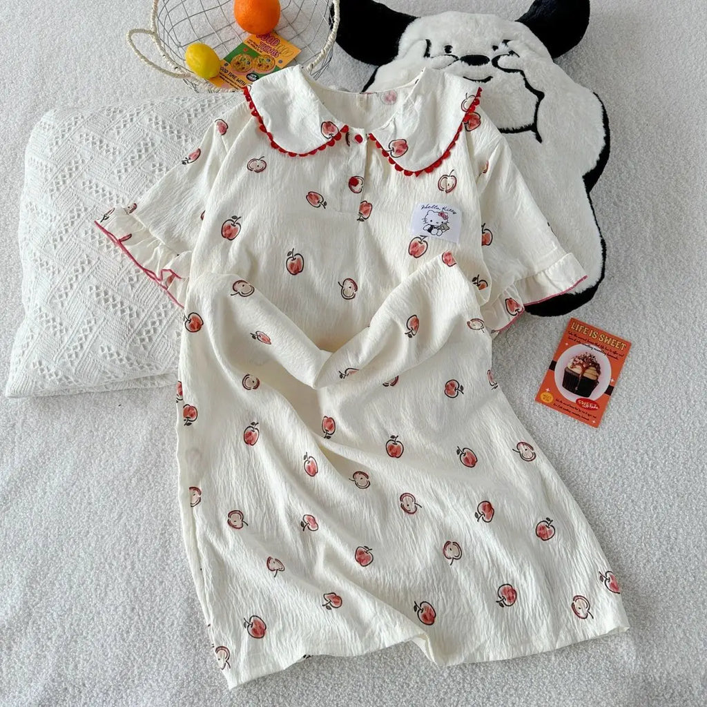 Sanrio Hello Kitty Cute Pajamas Dress Woman Night Skirt Summer Sleep Skirt Short Sleeve Nightie Long Dresses Sleepwear Home Wear