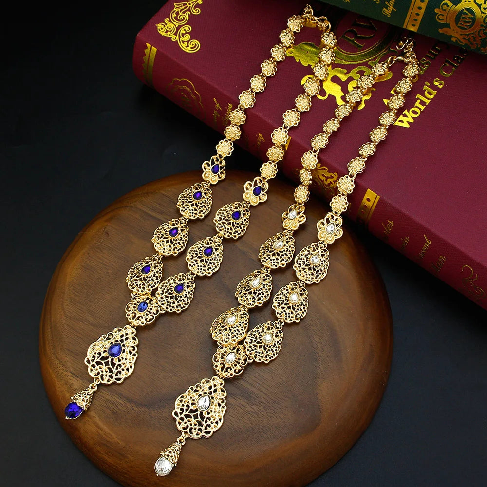 Sunspicems Charm Morocco Choker Necklace For Women Gold Color Droplet Crystal Necklace Hollow Arabesque Bride Wedding Jewelry