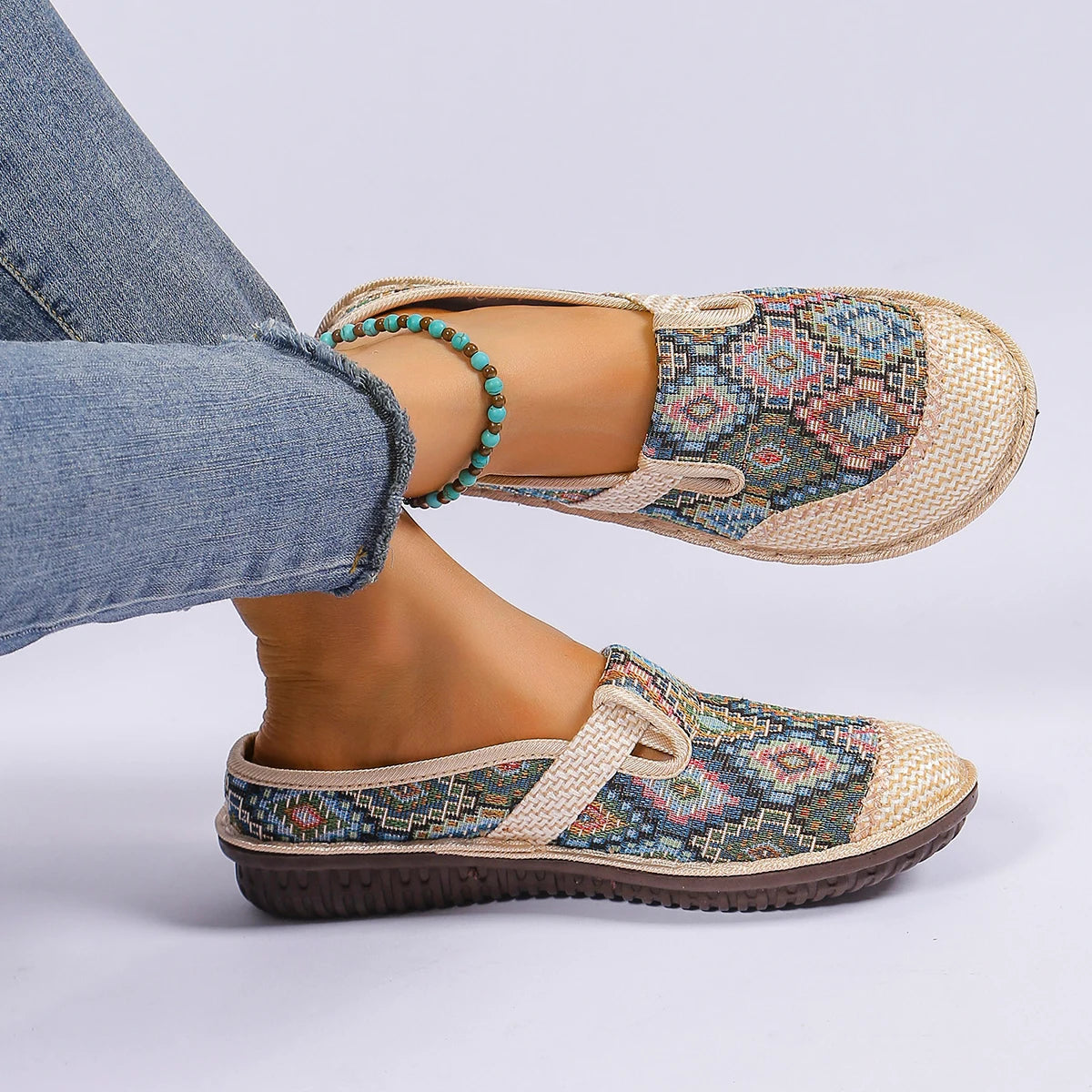 Lady Bohemian style open-toe Mule shoes, round-toe non-slip casual slippers