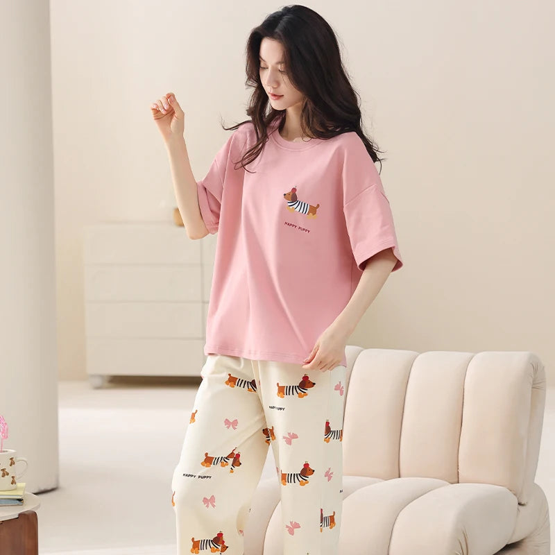 MiiOW 2Pcs Summer Women's Pajamas Set Cotton Short Sleeve Woman Homewear Cute Pink Patchwork Print Girls Pajamas Woman Sleepwear