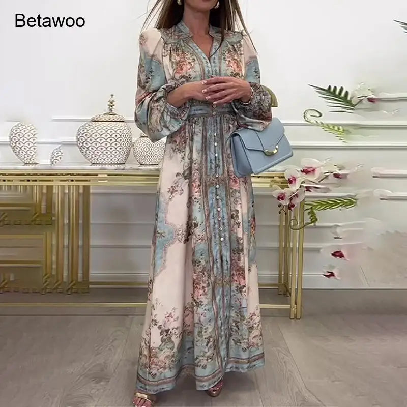 Womens Boho Floral Print Long Sleeve V Neck Button Front Belted Maxi Dress Casual Summer Beach Vacation Long Dress