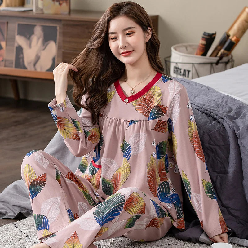 Pajamas Sets Women Floral Cotton Fashion Lace Women Long Sleeve Sleepwear Suit 2 piece Sexy Autumn Home Lounge Gift XXXXL