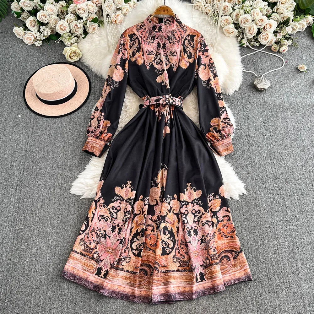 Spring Autumn Retro Palace Style Dress New French Printed Lantern Sleeve Stand Collar A-line Long Dress Femade C110