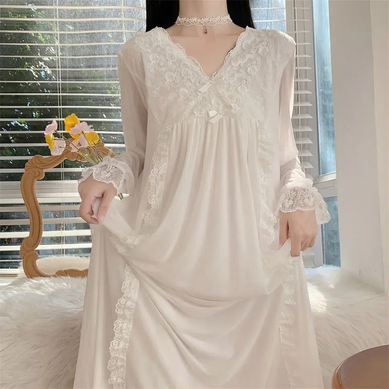 Women's Nightgown Mesh Lace V-neck Long Sleeved Pajamas