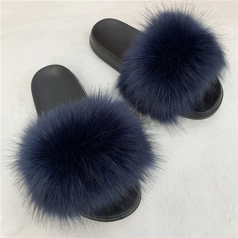Ladies Fluffy Slippers Summer Women Faux Fur Soft Slides Stylish Open Toe Sandals Outdoor Indoor Furry Comfortable Beach Shoes