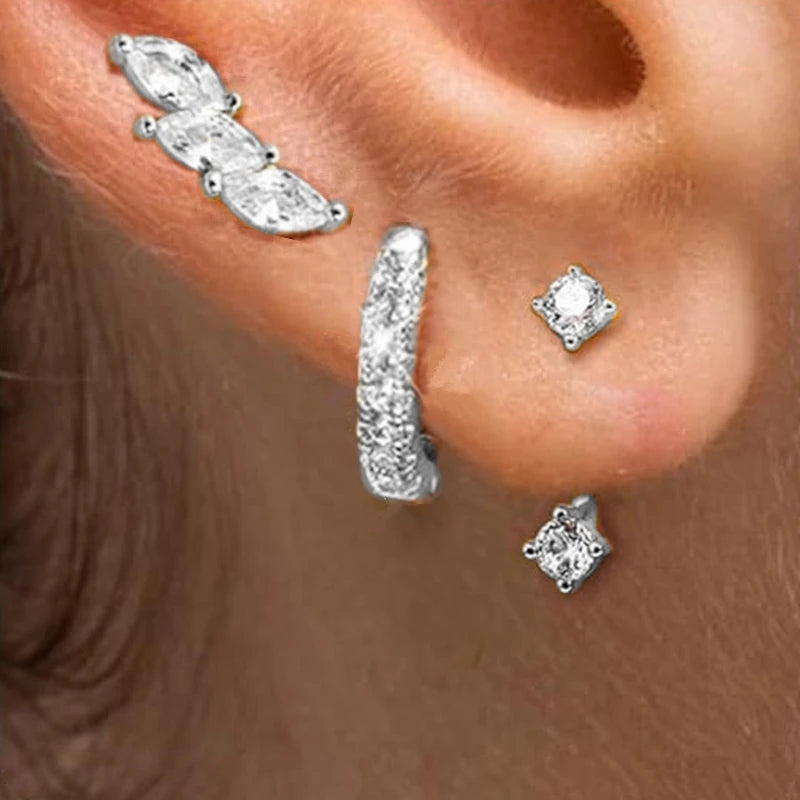 3PCS Sets Stainless Steel Square Zirconia Hoop Earrings For Women Daily Life Cartilage Stud Earrings Piercing Jewelry Gift