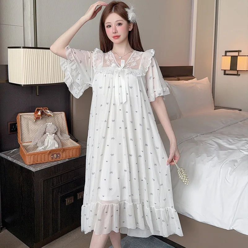 Floral Lace Nightgown with Cheat Pad Korean Women Summer Short Sleeve Pajamas Dress Princess Style Loose Nightdress Loungewear