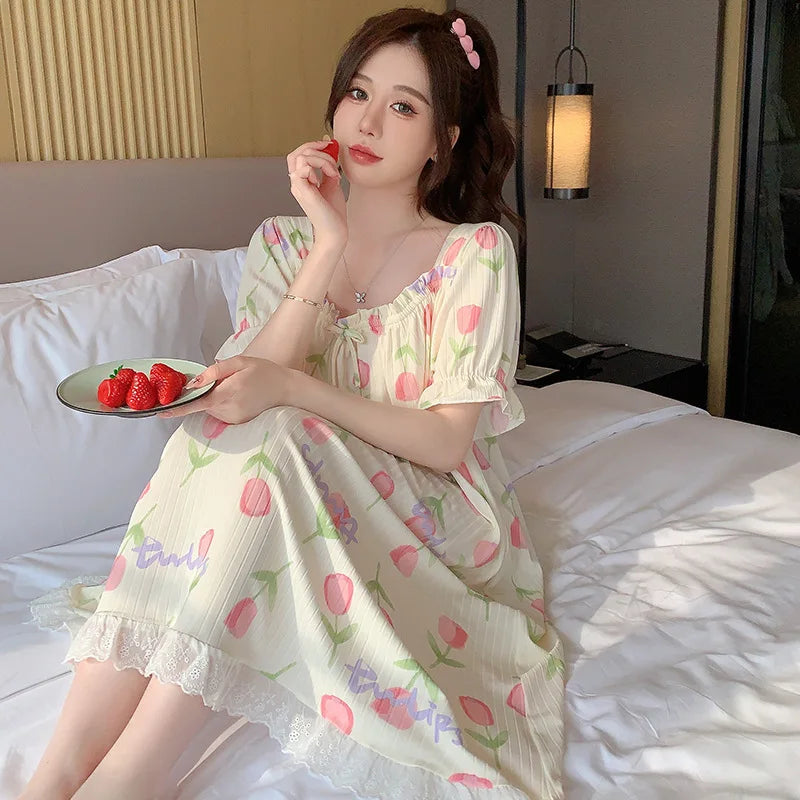 M-5XL Plus Size Sleep Dress for Women Korean Sweet Summer Sleepwear Students Cute Print Nightgown Pajama Sleepshirt Home Clothes