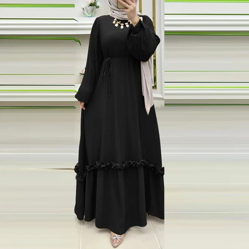 ZANZEA Modest Hijabs Abaya Long Dresses Women Muslim Ramadan O-Neck Pleated Lantern Sleeve Solid Color Ruffles A-Line Robes 3XL