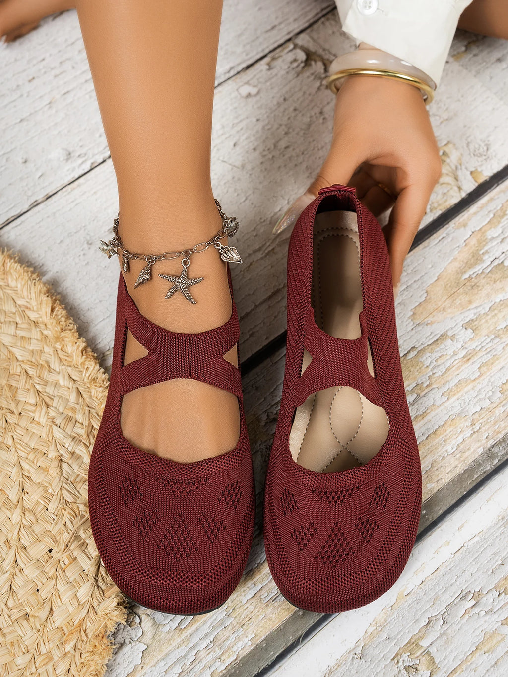 Round-toe small single shoes, fairy-style ballet shoes, comfortable knitted Mary Jane shoes