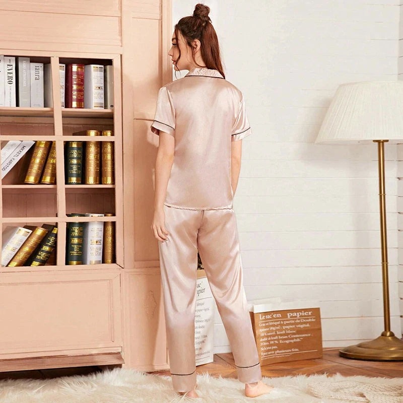 Spring Autumn pajama women Silk Satin pajamas set Long sleeve Shirt with Trouser Sleepwear Loungewear Female Pyjamas Suits Mujer