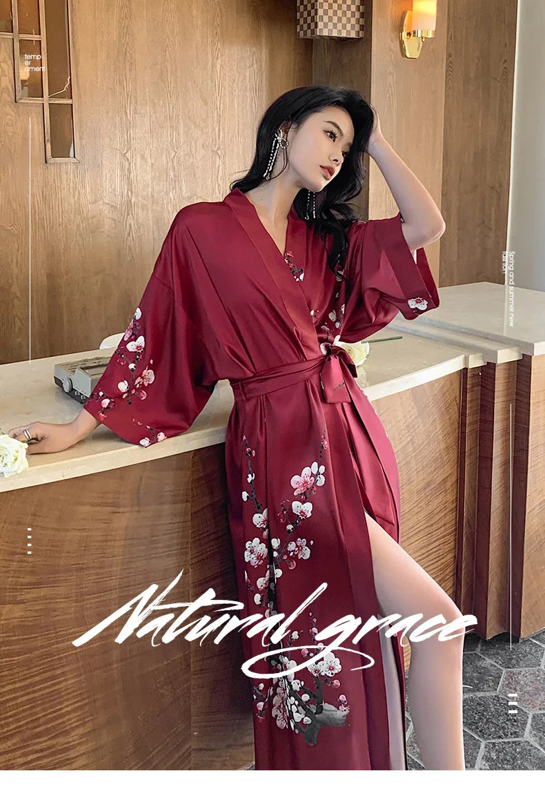 New Spring Summer Female Long Robe Nightgown Sexy Print Flower Kimono Bathrobe Gown Casual Silk Satin Home Dress Lounge Wear