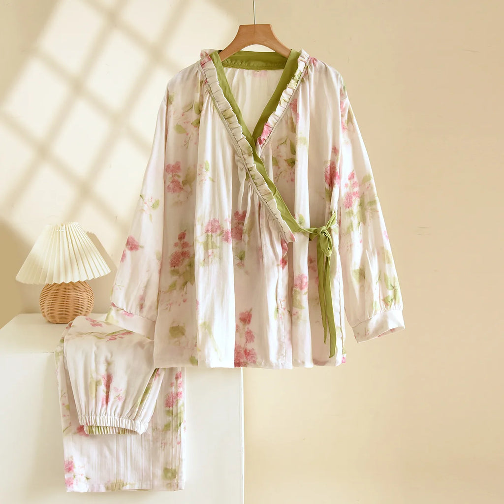 Autumn Sleepwear Home Suit Pure Cotton Pajamas Floral Long Sleeve Pyjama Set Woman Nightwear House Suit Ladies Trouser Sets