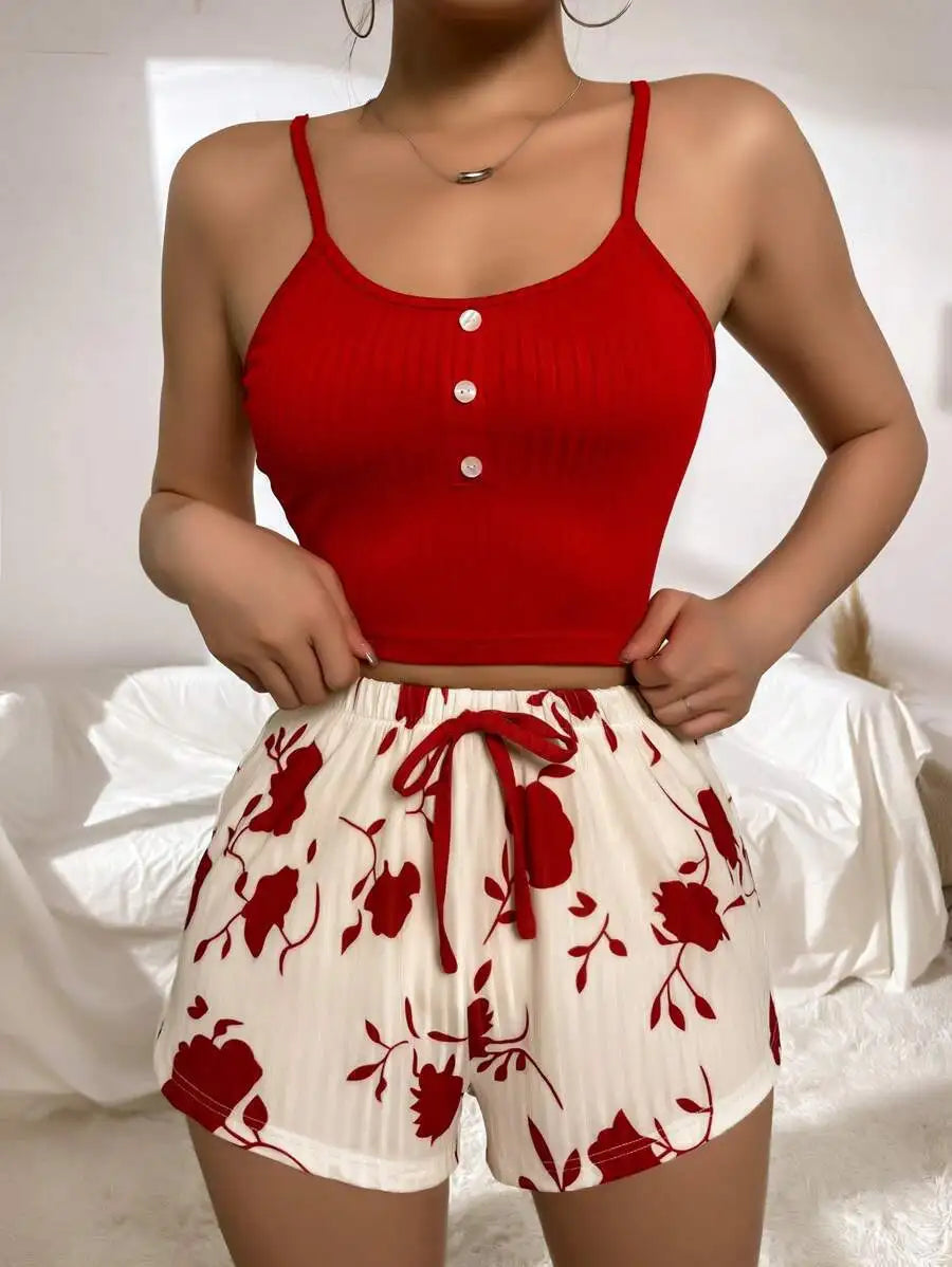 New Women Cami Pajama Set Y2K Vacation Sleepwear 2 Piece Outfit Crop Tops and Floral Print Shorts Fashion Loungewear Set