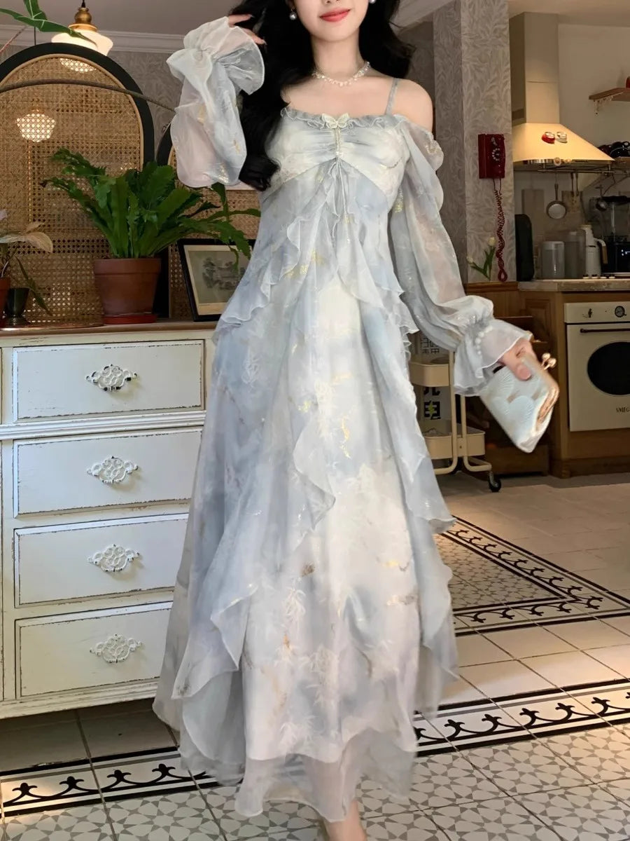 Summer Elegant Print Fairy Long Chiffon Dresses Women Off Shoulder Ruffles A-Line Birthday Party Dress One Piece Vestidos New