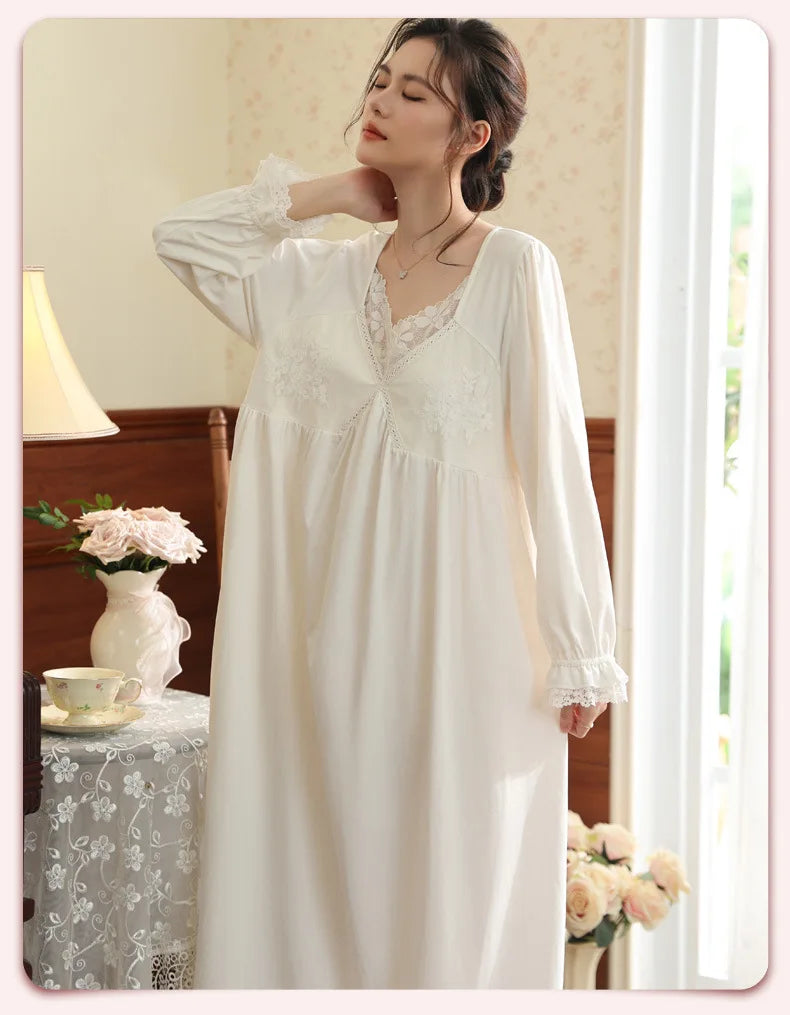 Vintage Victorian Nightgown Women Lace Embroidered Palace Style Princess Sleep Dress Cotton Soft Romantic French Loungewear