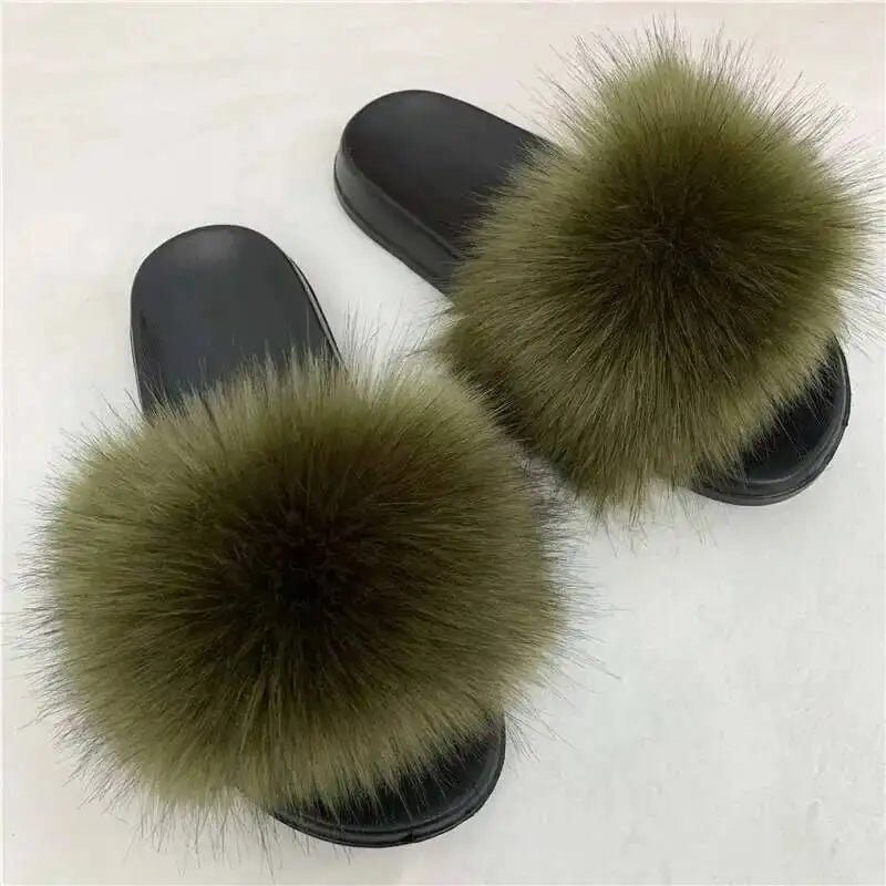 Ladies Fluffy Slippers Summer Women Faux Fur Soft Slides Stylish Open Toe Sandals Outdoor Indoor Furry Comfortable Beach Shoes