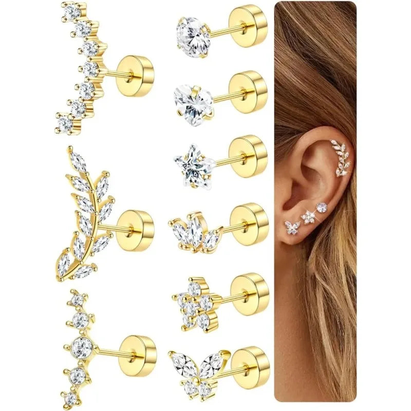 Bobisty Surgical Steel Cartilage Studs Earrings Hypoallergenic Earring Set Flat Back Helix Tragus Piercing Jewellery for Women