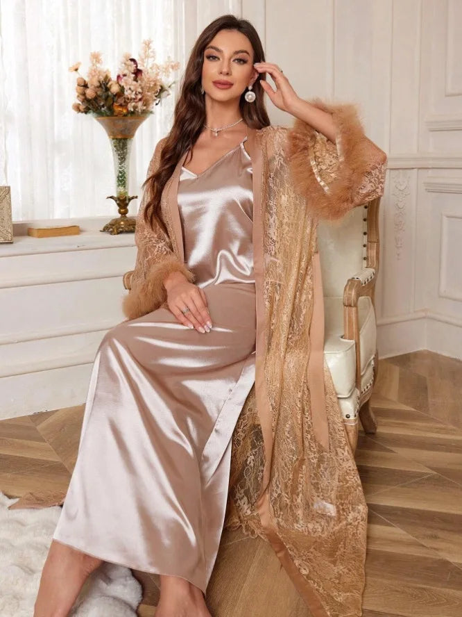 Luxury Party Night Dress Set Women Sexy Mesh Lace Floral Kimono Robe Gown Long Bathrobe Intimate Lingerie Satin Sleepwear