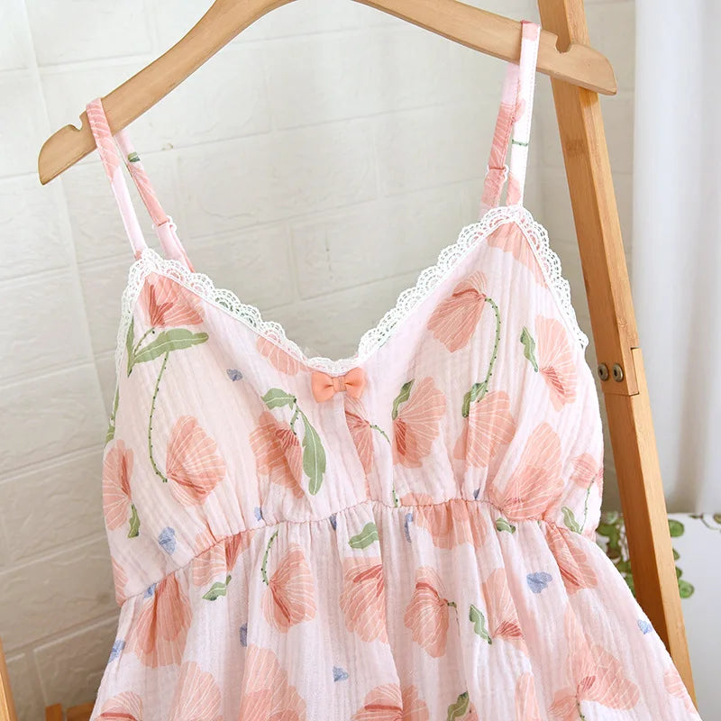 2026 New Summer Women's Pajama Set 100% Cotton Suspenders+Shorts with Chest Pads Two Piece Set of Ladies Flower Home Furnishings