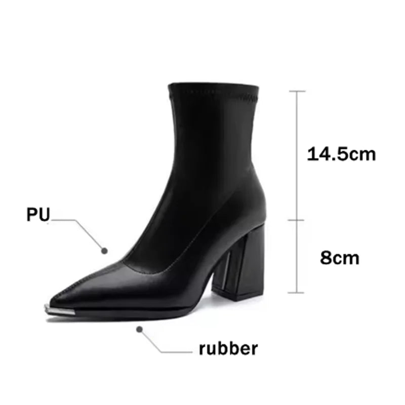 Brand Pu Black Ankle Boots 2025 Autumn French Retro Pointed Toe High Heel Chelsea Boots Metal Decoration Designer Short Booties