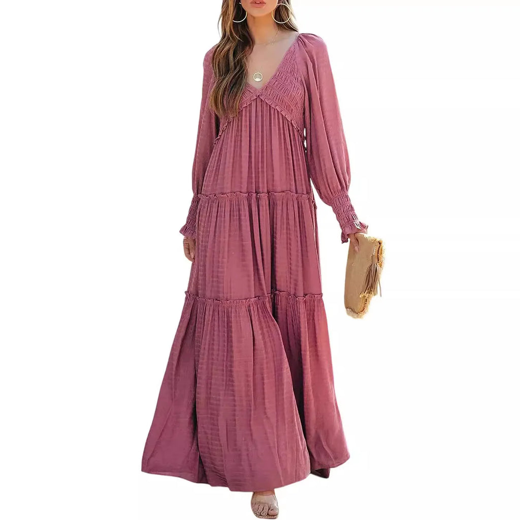 Long Dress Women Vintage V Neck Long Sleeve Dresses Loose Y2k High Waist Shirring Casual Summer Loose 2025 Elegant Slight Strech