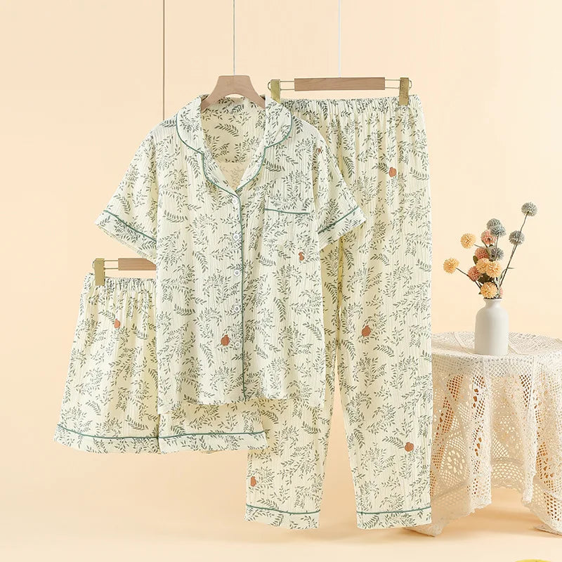 Pajamas pure cotton three-piece set spring and summer thin crepe autumn gauze lapel short-sleeved trousers shorts loungewear set