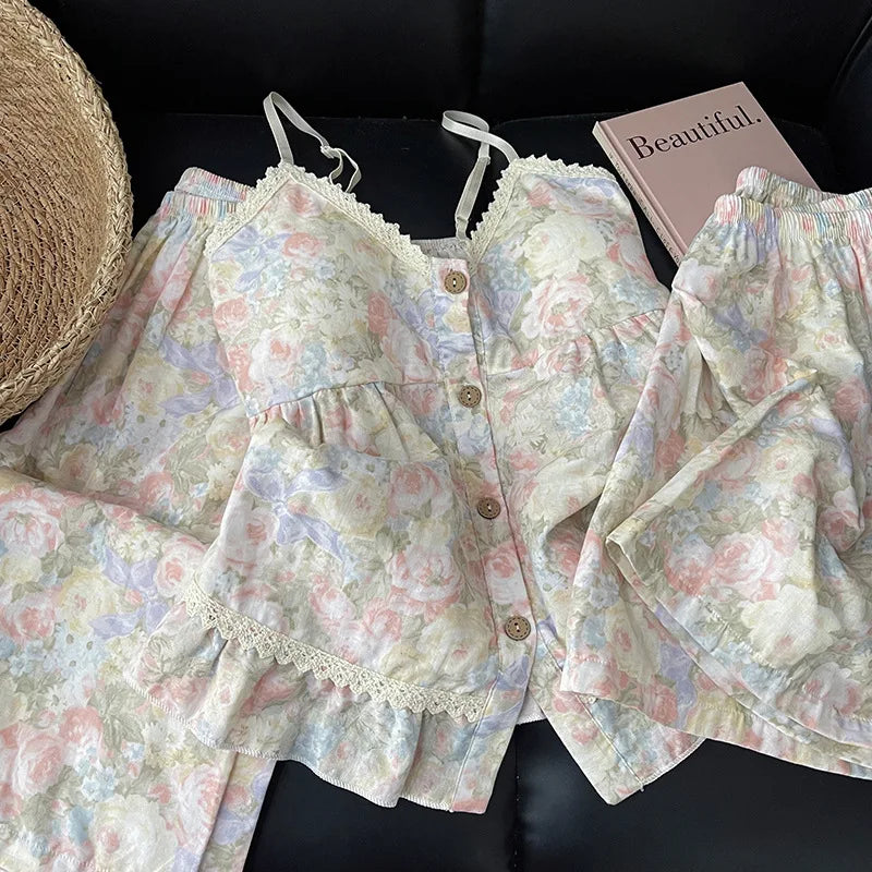 Women's Sleepwear Korean Version Floral Sleepwear Women's Summer Thin Design with Chest Cushion Cloud Cotton Suspender Pants