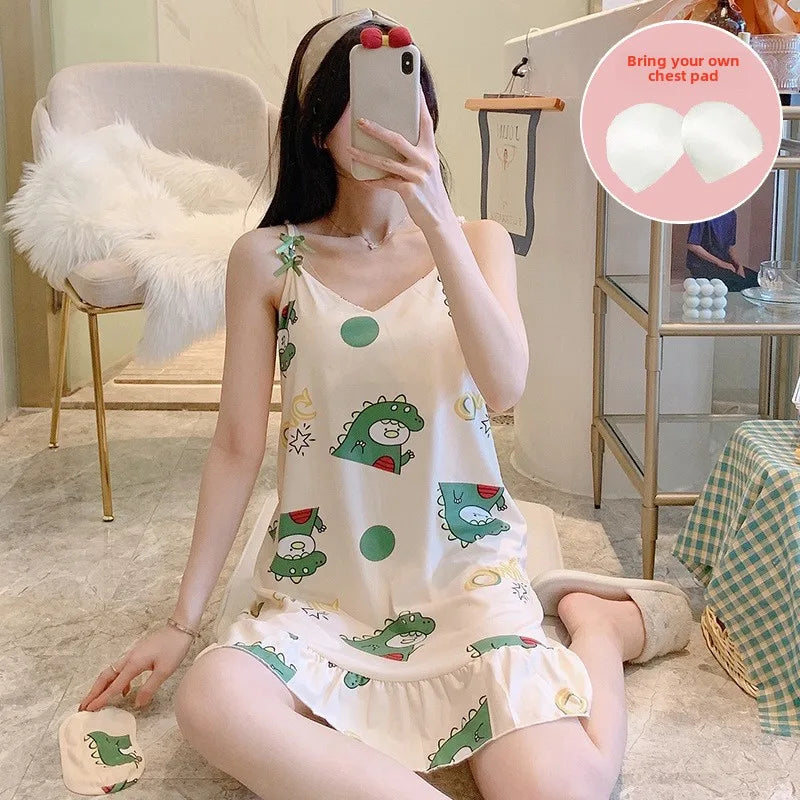 New with Bra Pad, Free Eye Mask, Sling, Loose and Cute Cartoon Animal Pajamas, Nightgown Role-playing Sleepwear Women