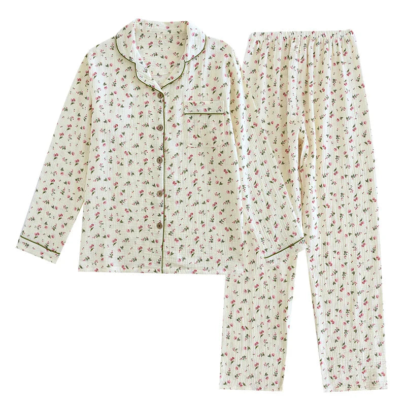2026 Spring and Autumn Women's Pajama Set 100% Cotton Crepe Long sleeved Pants Two piece Cute and Sweet Home Fury Set Ladies