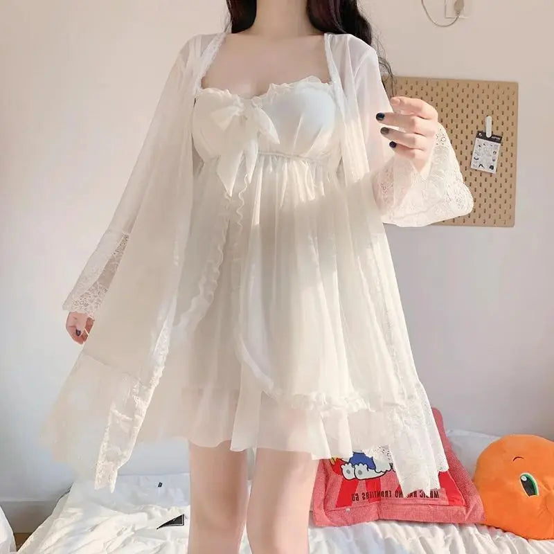 Elegant Sweet Simple Solid White Women Robe Gown Sets Chic Lace Bow Mesh  Sleepwear Breathable Slim Nightdress