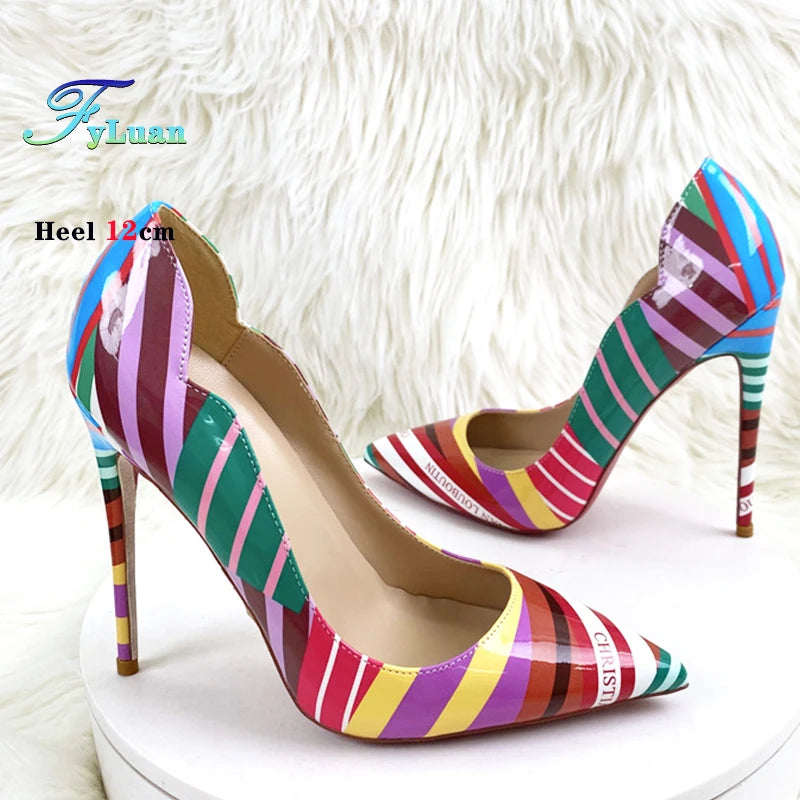 Colorful Striped High heels Fashion Cutting Pointed Shallow Party Shoes For Woman 8CM 10CM 12CM Women Pumps Large Size 44 45 46