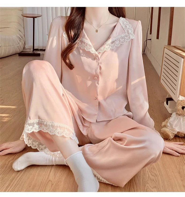 Two Piece Pajamas Set Women Satin Nightwear Home Clothes Spring Autumn Long Sleeve Shirt&pants Sleepwear Suit