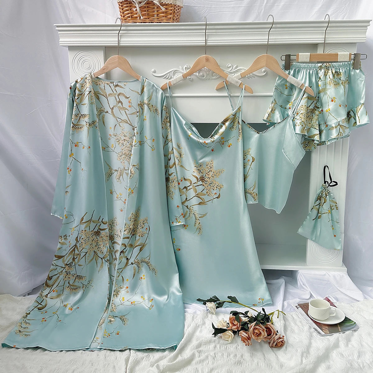 5pcs Floral Print Long Sleeve Robe Cami Dress Cami Top Ruffle Hem Shorts Simple Pajamas Sets for Women