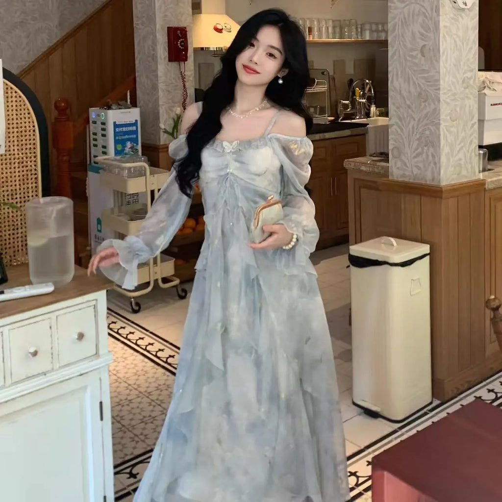 Summer Elegant Print Fairy Long Chiffon Dresses Women Off Shoulder Ruffles A-Line Birthday Party Dress One Piece Vestidos New