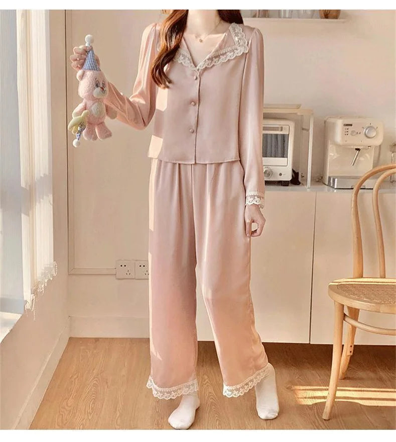 Two Piece Pajamas Set Women Satin Nightwear Home Clothes Spring Autumn Long Sleeve Shirt&pants Sleepwear Suit