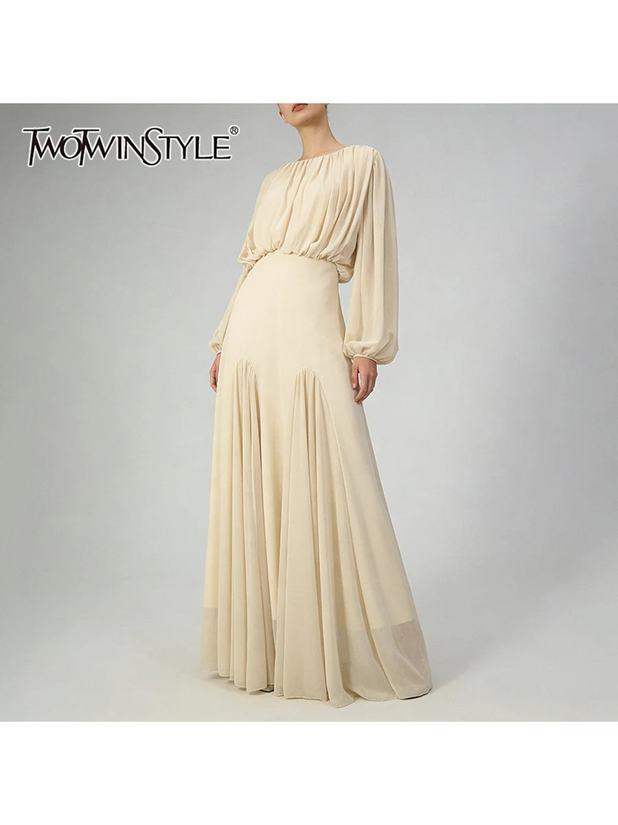 TWOTWINSTYLE Solid Spliced Folds Minimalist Dresses for Women Round Neck Long Sleeves High Waist Elegant Dress Female Autumn New