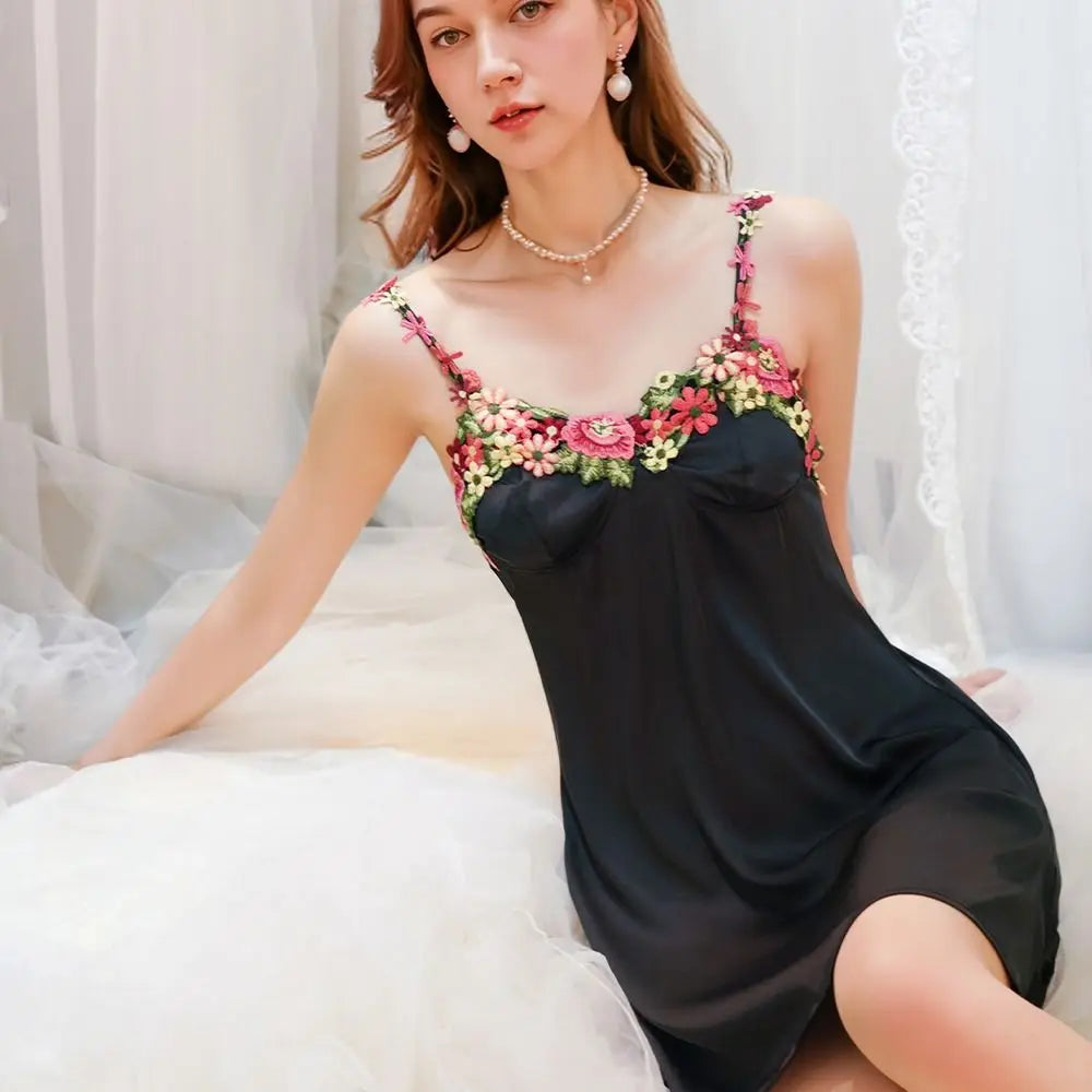Flower Embroidery Women's Pajama Dress Sleeveless Thin Satin Silk Suspender Nightdress Sleepwear Beauty Back