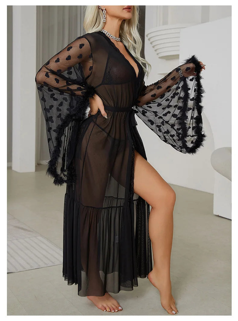Sexy Bride Wedding Dress Soft Mesh Lace Flower Robe Long Kimono Nightwear Loose Bathrobe Feather Trim Big Sleeve Nightgown
