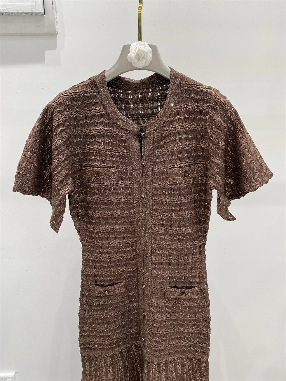 New summer single-breasted round neck knit crochet short-sleeved dress, high-quality and fashionable over-the-knee long skirt