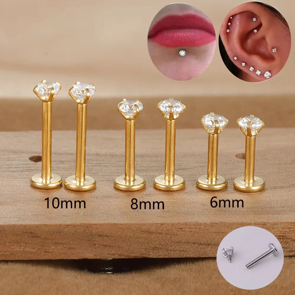 2PC Labret Tragus Stud Earrings 16G Surgical Stainless Steel CZ Crystal Monroe Helix Cartialge Conch Medusa Lip Body Piercing
