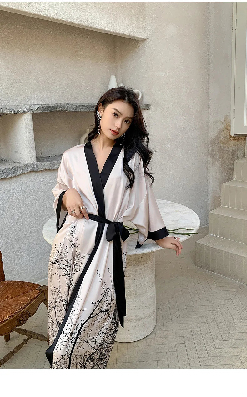 New Spring Summer Female Long Robe Nightgown Sexy Print Flower Kimono Bathrobe Gown Casual Silk Satin Home Dress Lounge Wear