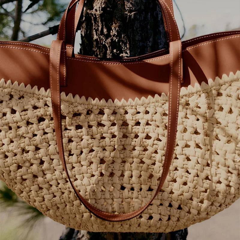 French Hand-woven Women's Tote Bag Large Vegetable Basket Bag With Casual Shopping Woven Inside Bag Shoulder Underarm Tote Bag