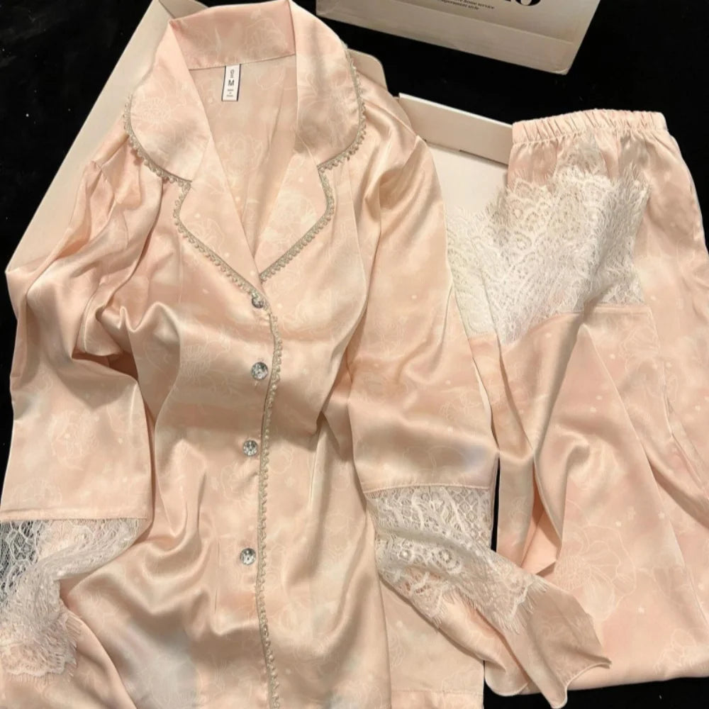 Silk Two-Piece Ladies Set Pijama Autumn Floral Long Sleeve Button Up Top & Pants Sleepwear Woman Nightwear Sexy Pajamas Set