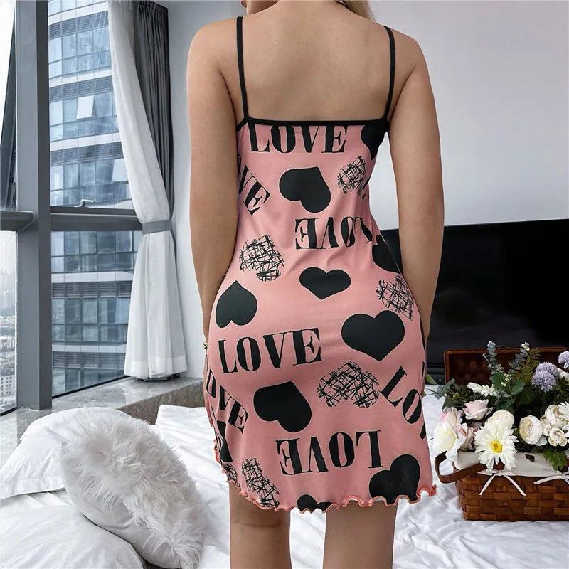 Sexy Spaghetti Strap V-Neck Nightdress Women Nightie Summer Loose Cotton Nightgown Female Cute Print Sleep Dress Light Sleepwear