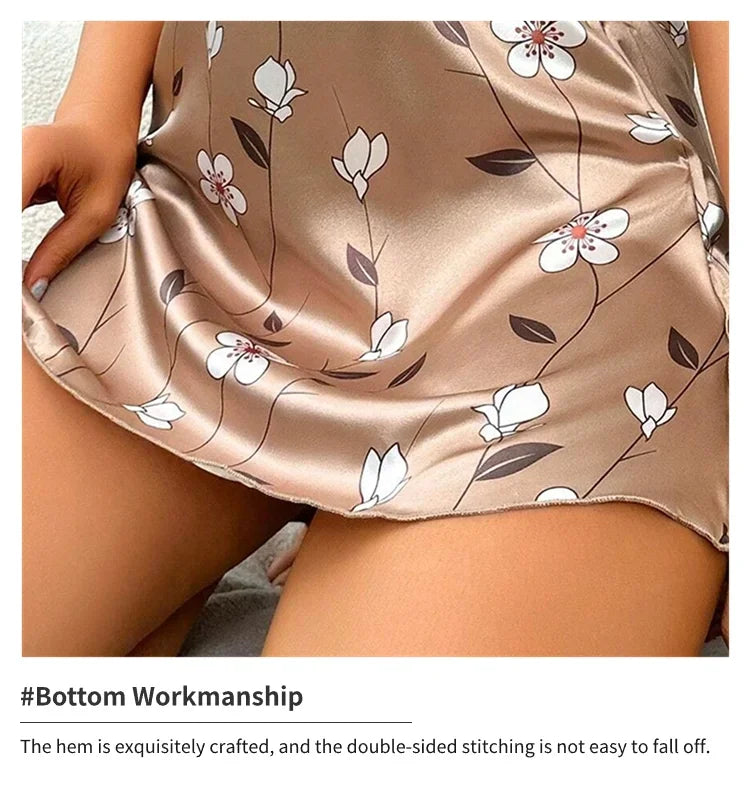Ladies Sexy Sling Nightgown Nightdress Women's Sexy Lingerie Silk Satin Sleepwear Floral Pinting Nightwear Homewear Mini Dress